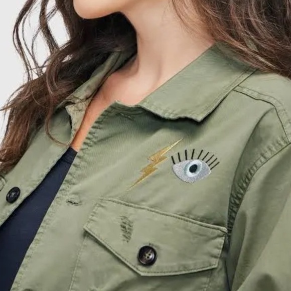 Wildfox Truman Jacket Olive Green Military light distressing embroidery size XL - Picture 4 of 11